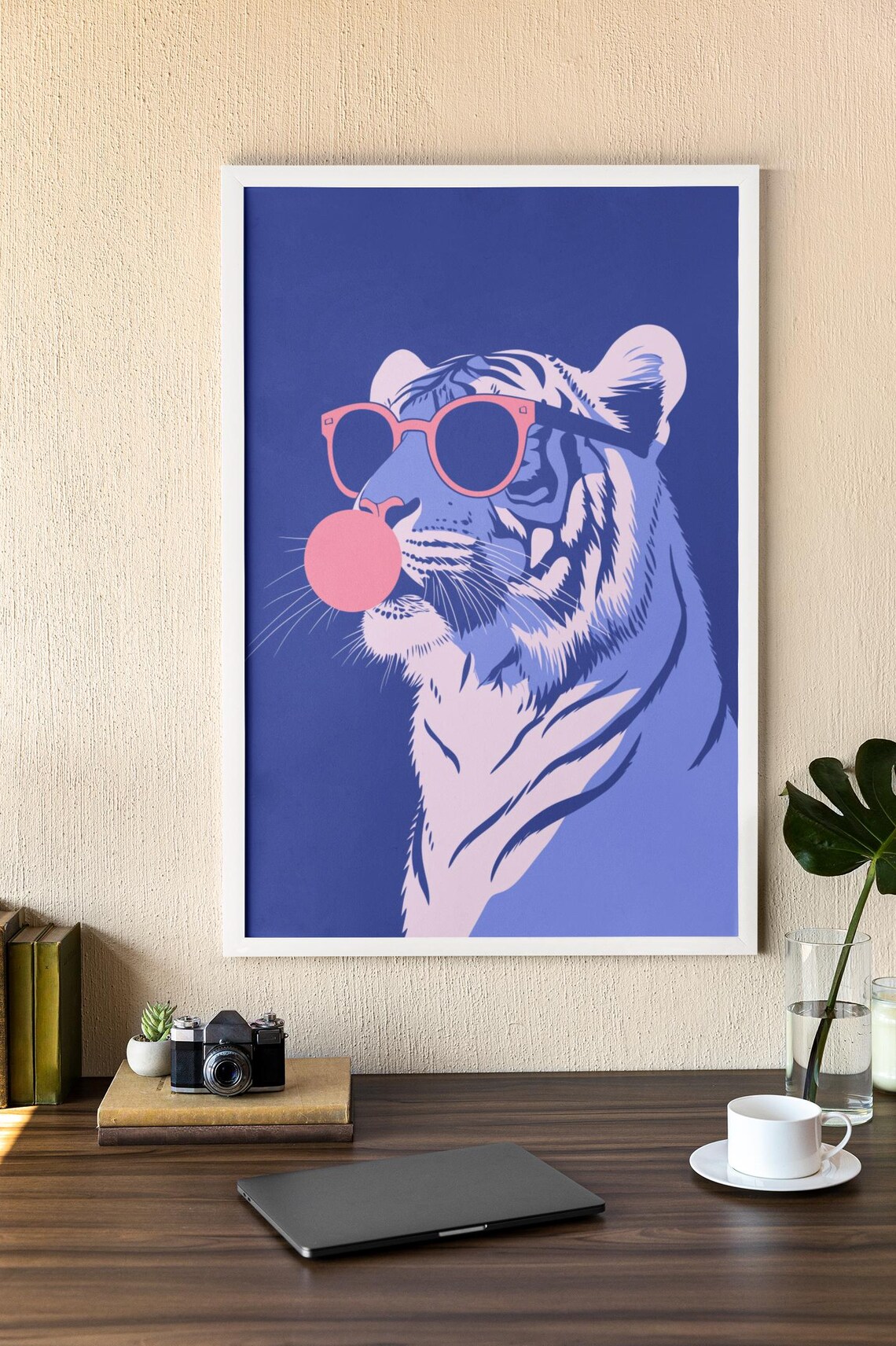 Tiger Bubblegum Pink Sunglasses Blue Pop Art Funny Animal Poster