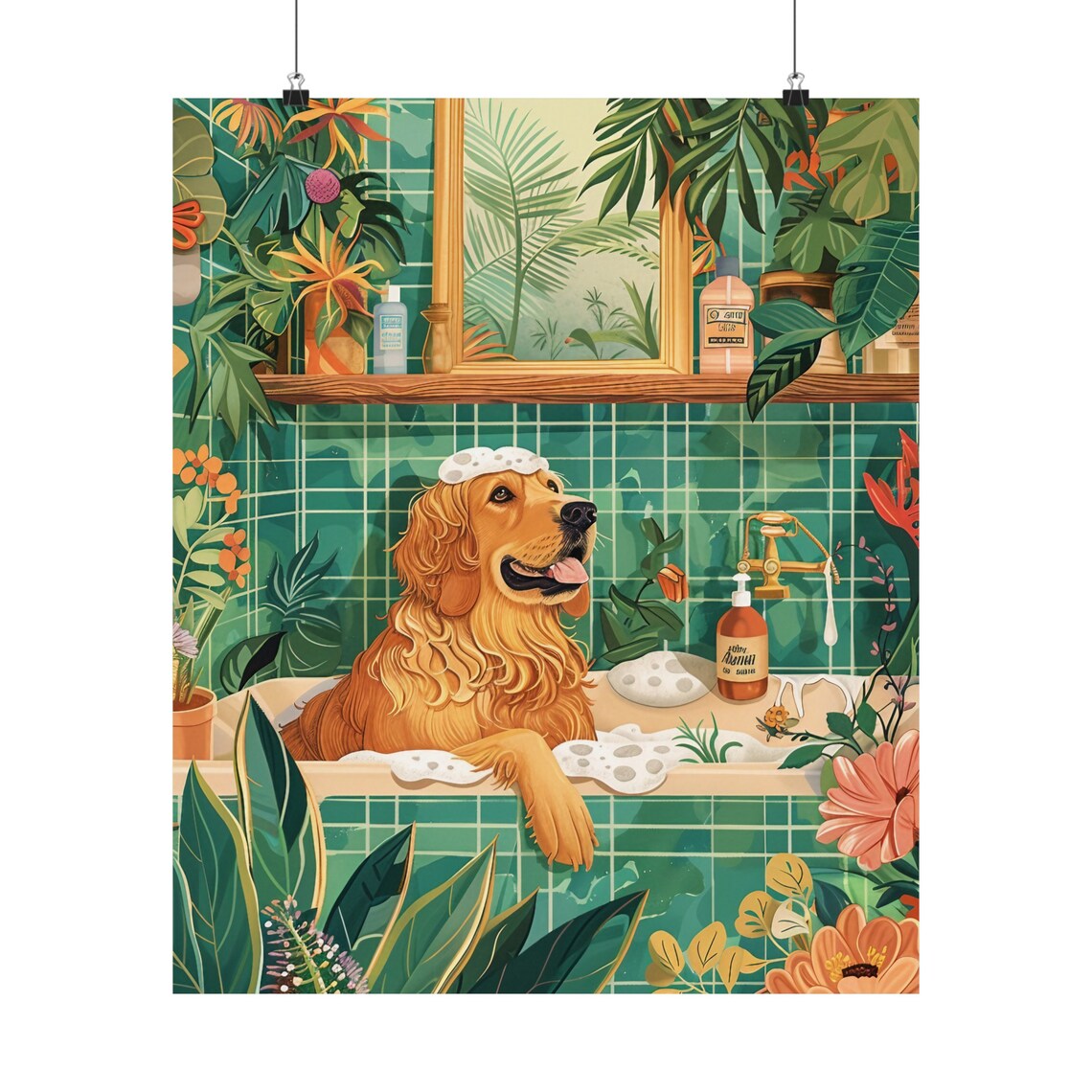 Whimsical Golden Retriever Spa Day Art Print