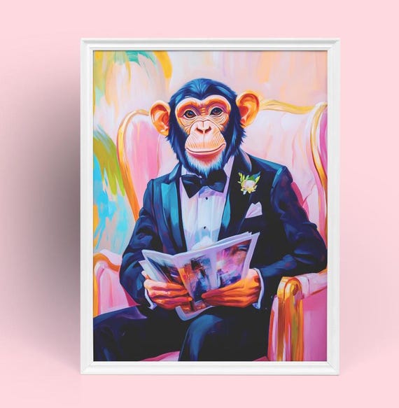 Dapper Chimpanzee Art Print Classy Monkey In Tuxedo Unique Animal Portrait Wall Decor