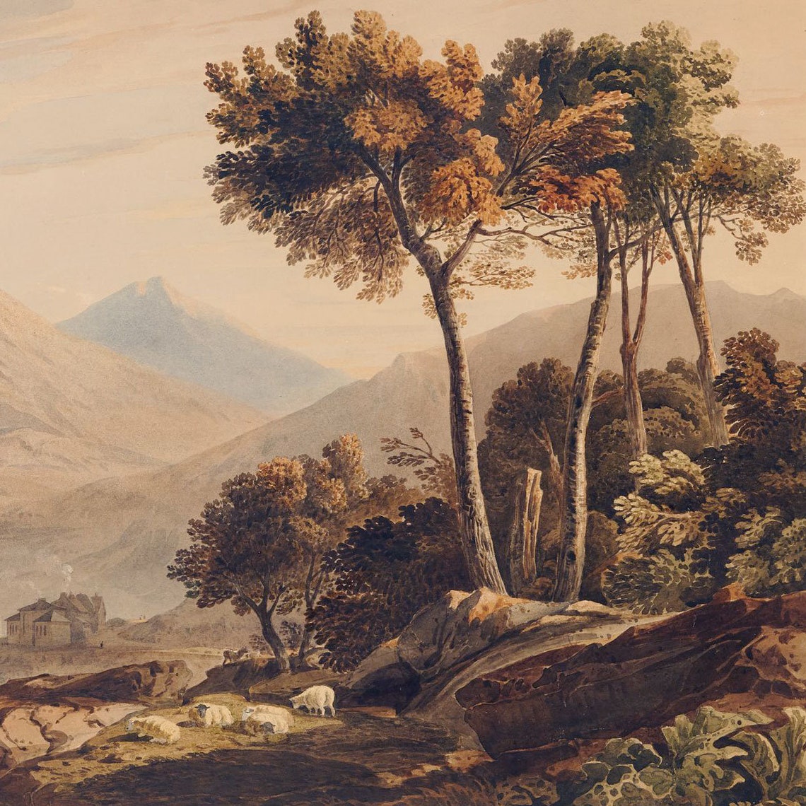 Mountain Valley Sheep Grazing Lake Vintage Pastoral Landscape Poster - Image 2