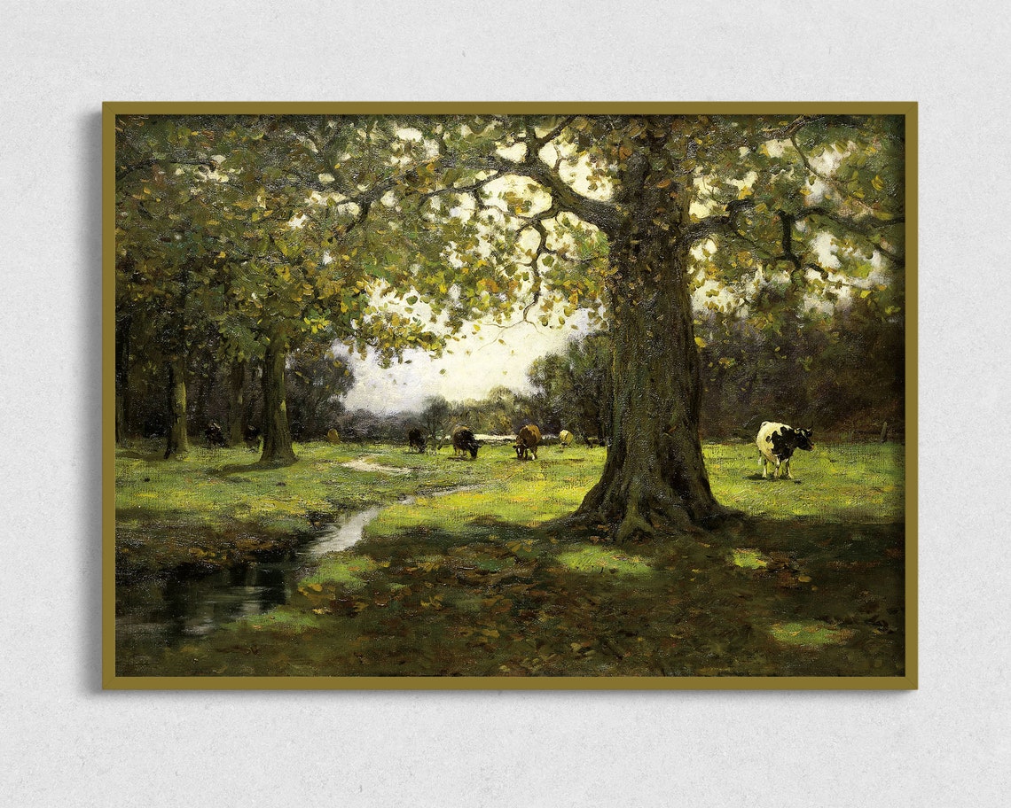 Cows Grazing By Stream Oak Trees Summer Pasture Oil Painting Poster