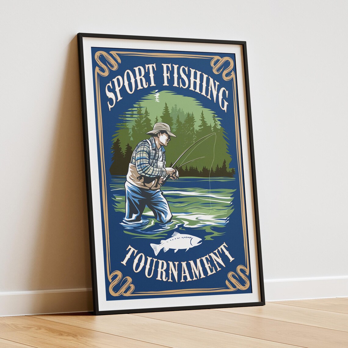 Vintage Fisherman Fishing Poster, Cabin Lake House Decor - Image 3