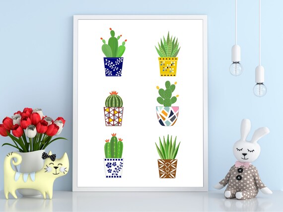 Colorful Potted Cactus Wall Art Kids Room Playful Succulent Decor