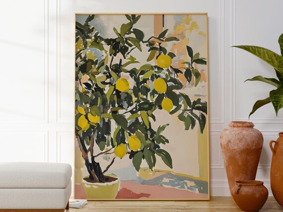 Potted Lemon Tree Impressionistic Botanical Citrus Kitchen Art Poster