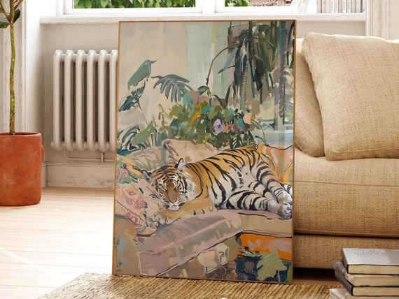 Tiger On Sofa Botanical Poster Cute Animal Wall Art Modern Colourful Illustration Gift For Her Or Kids Room Decor