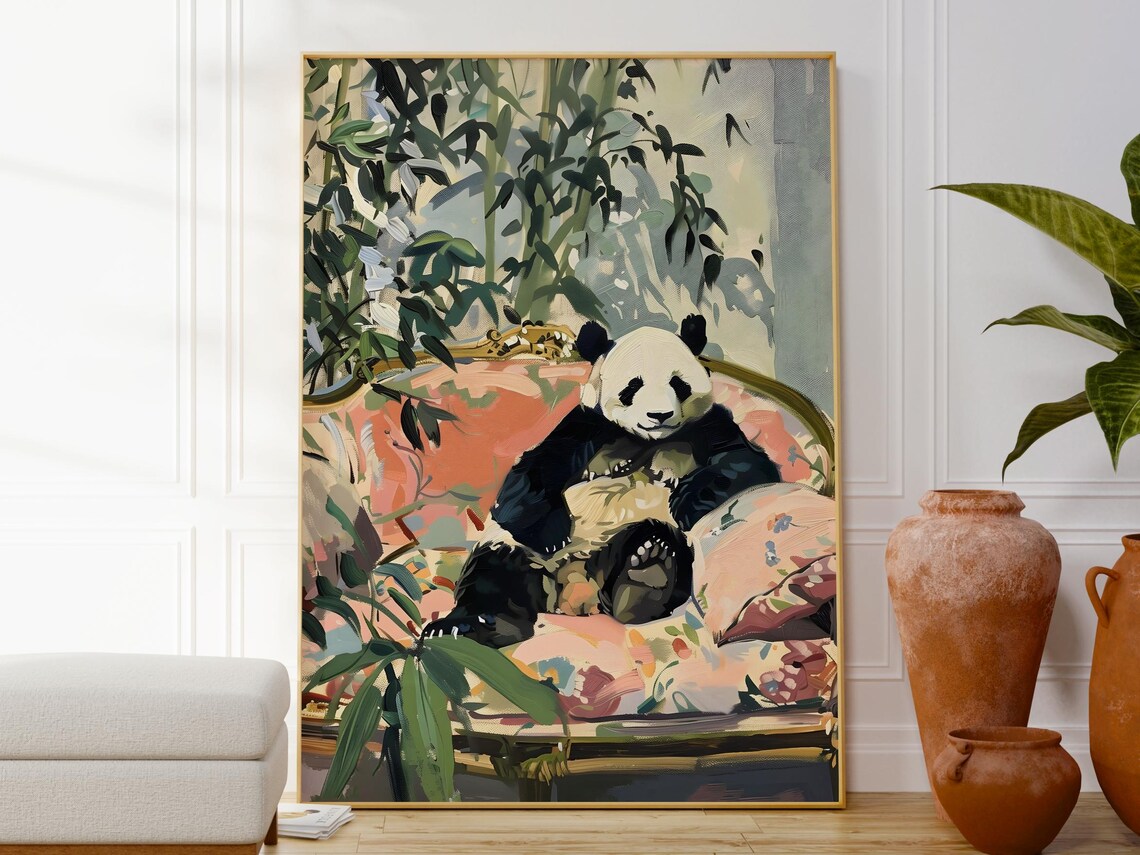 Panda On Sofa Botanical Poster, Kids Room Decor