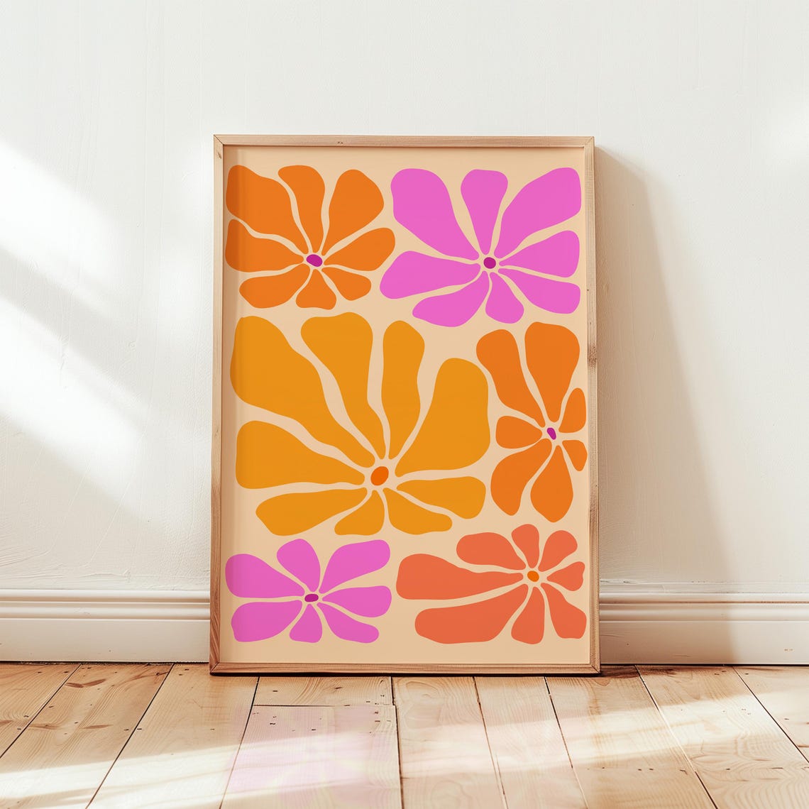 Orange and Pink Retro Flowers on Cream Background Art Poster
