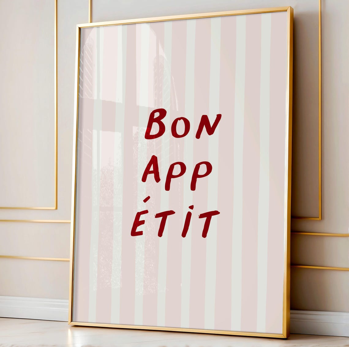 Bon Appetit Red Script Pink Stripes French Kitchen Quote Poster