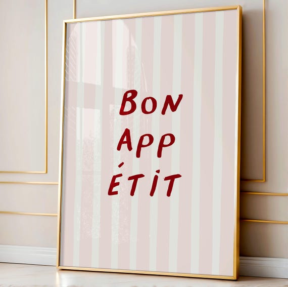 Bon Appetit Print Retro Pink And Red Stripes Kitchen Decor Wall Art Dining Room Funny Quote Foodie