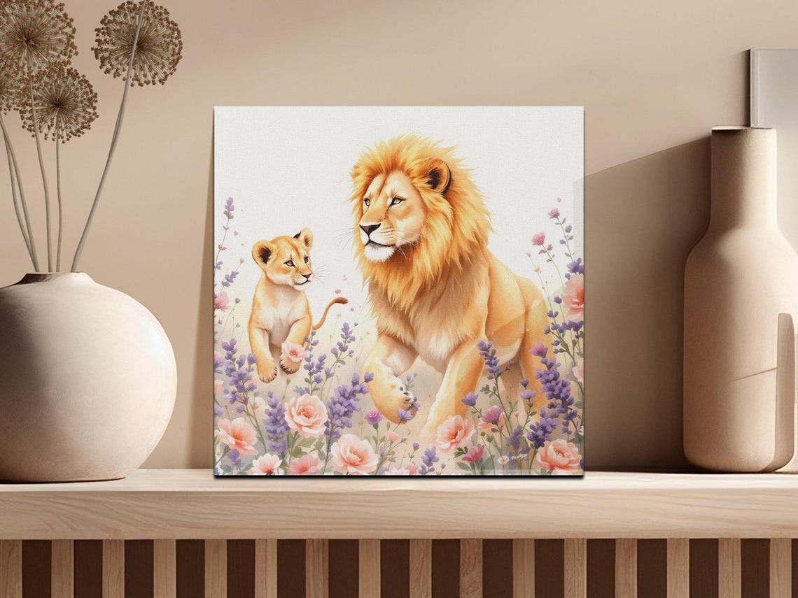 Wall Art Print Lion And Cub Wall Art Print Watercolour Animal Art Floral Animal Family Poster Kids Room Decor - Image 2