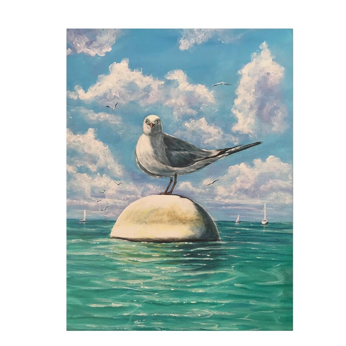 Seagull Perched On Buoy Turquoise Ocean Sky Sailboat Coastal Poster