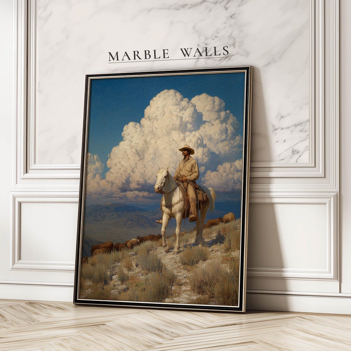 Cowboy on White Horse Vintage Western Mountain Landscape Poster