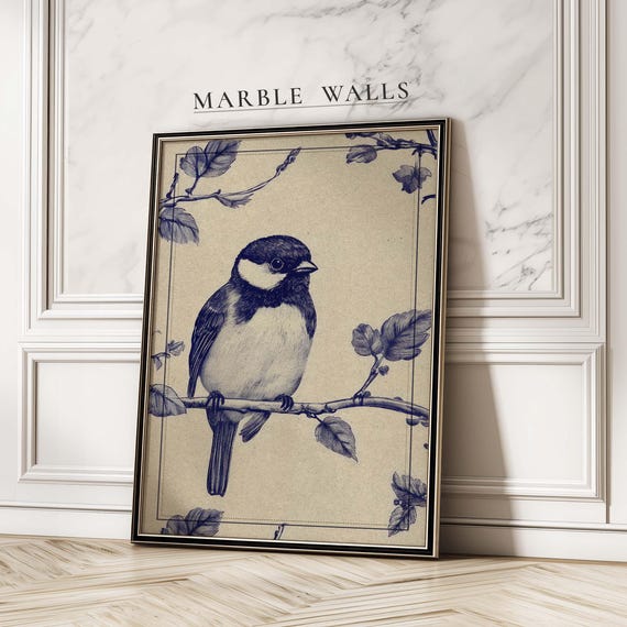 Chinoiserie Bird Art Print, Minimalist Songbird Sketch
