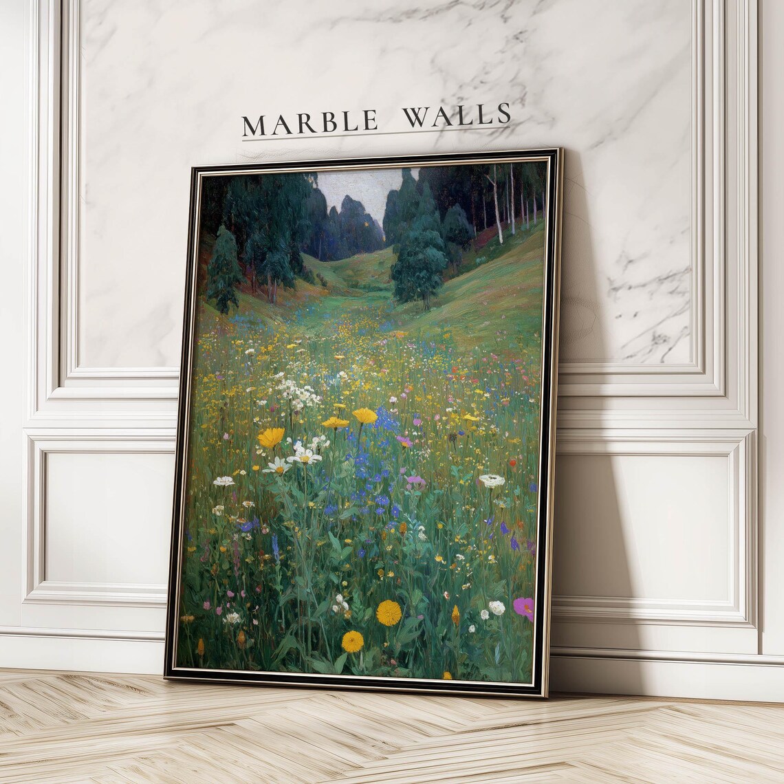 Flower Meadow Vintage Poster Print, Wildflower Landscape