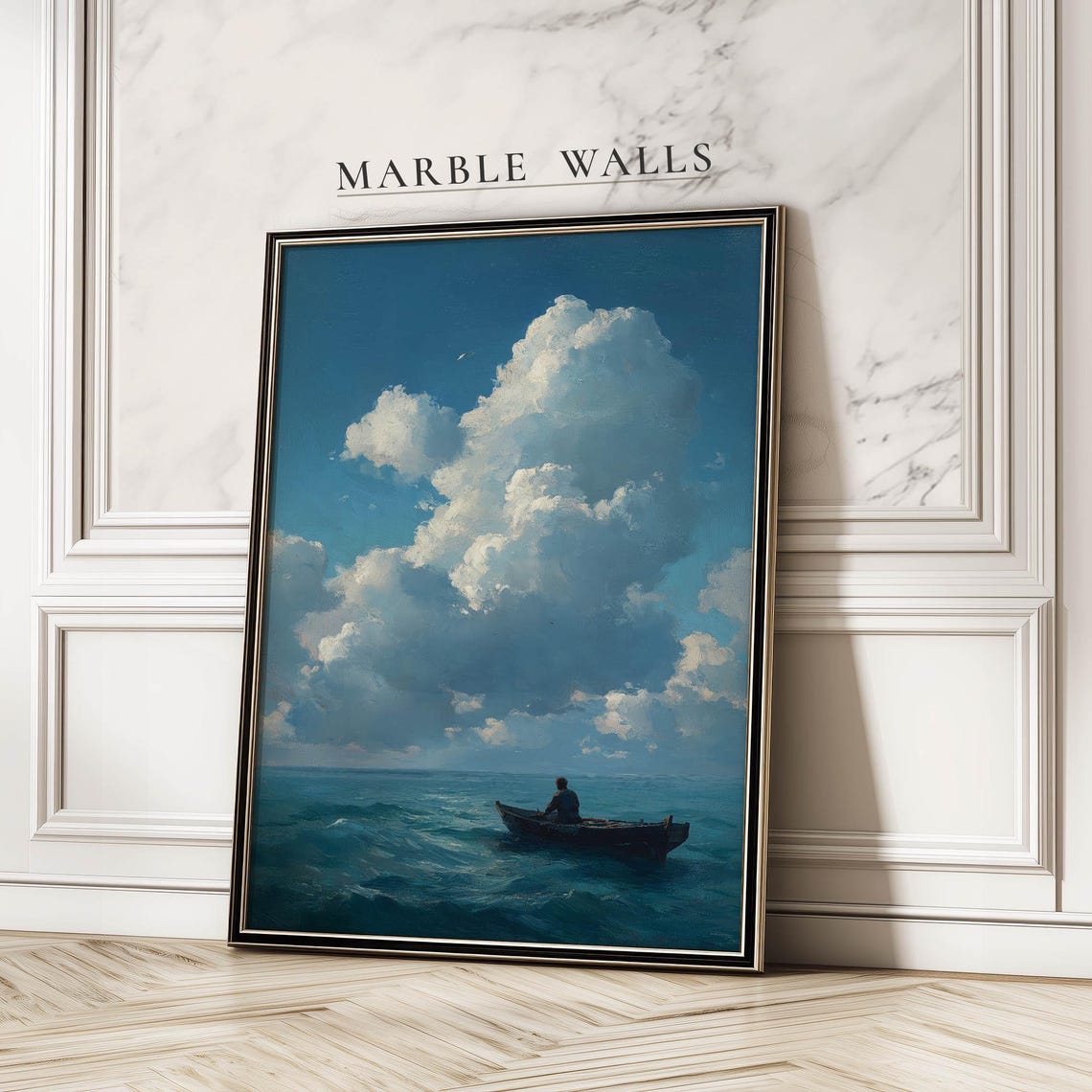 Lone Rowboat Under Dramatic Clouds Vintage Ocean Seascape Print