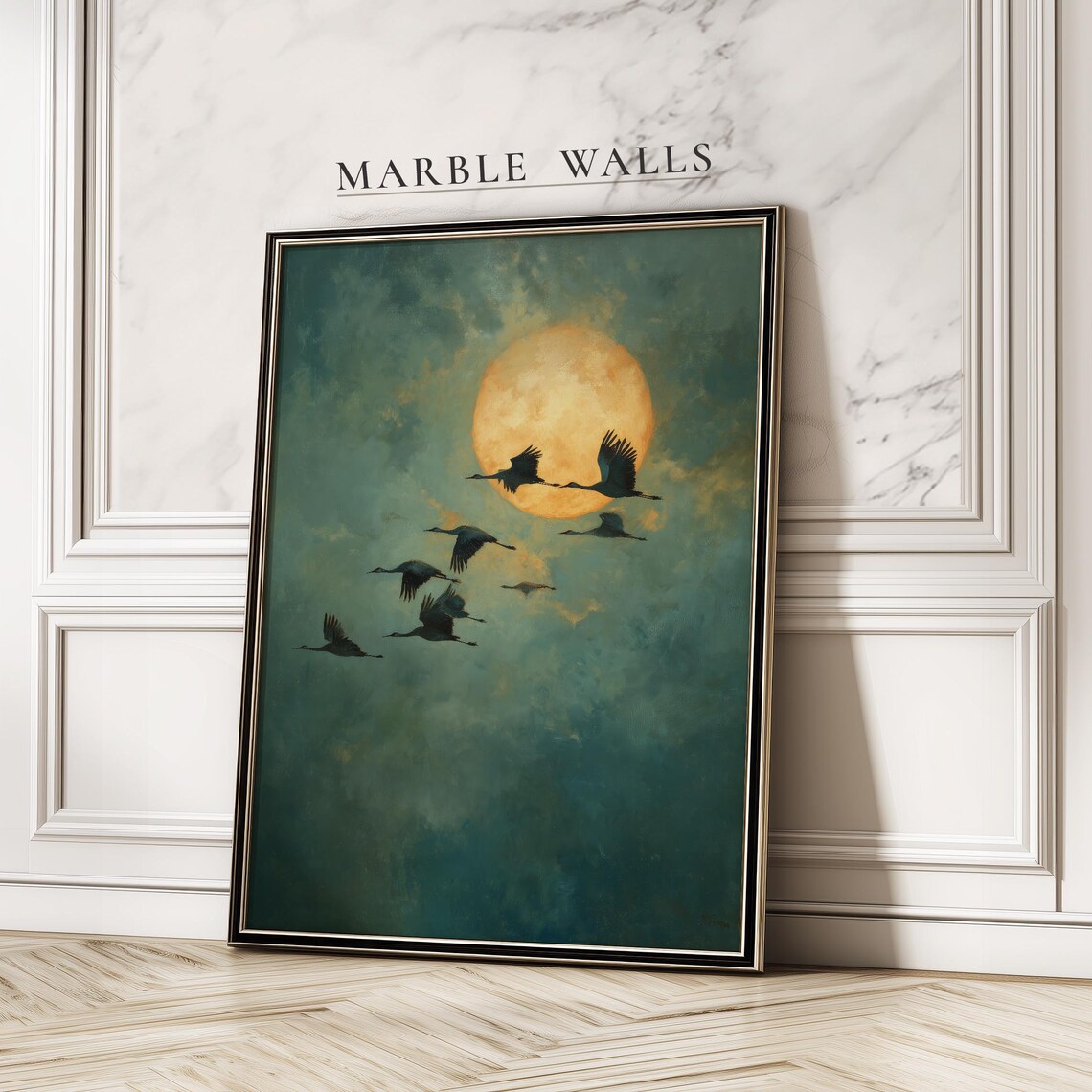 Moonlit Flying Birds Vintage Poster, Bedroom Decor