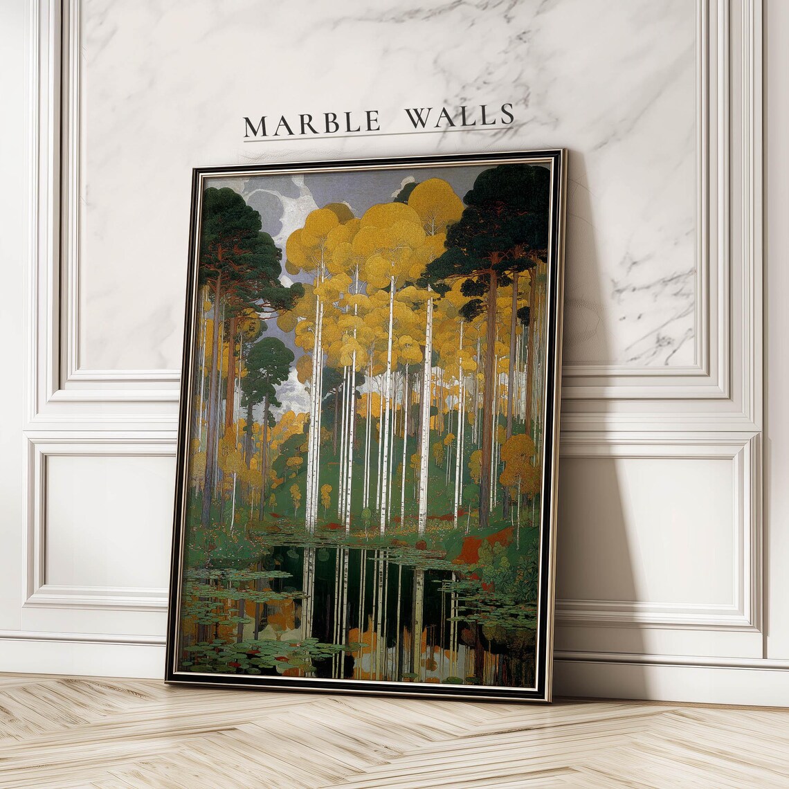 Autumn Birch Forest with Golden Canopy Reflected in a Still Lake Art Poster