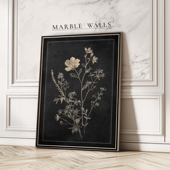 Antique Cream Floral Sketch Black Botanical Drawing Vintage Wall Art