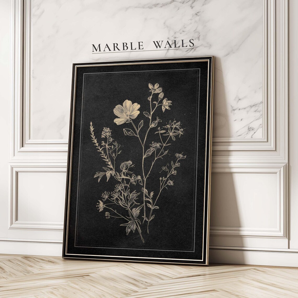 Antique Cream Floral Sketch Black Botanical Drawing Vintage Wall Art