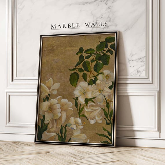 Botanical Wall Art Print Cream Lilies And Green Foliage Vintage Flower Poster Gallery