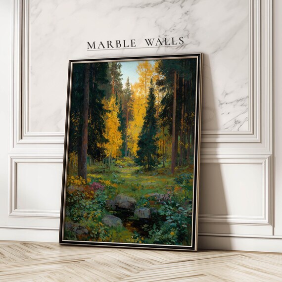 Golden And Green Autumn Forest Vintage Wall Art Print Rustic Woodland Landscape Poster