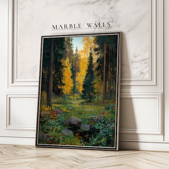 Golden Autumn Forest Glade Vintage Woodland Oil Painting Poster