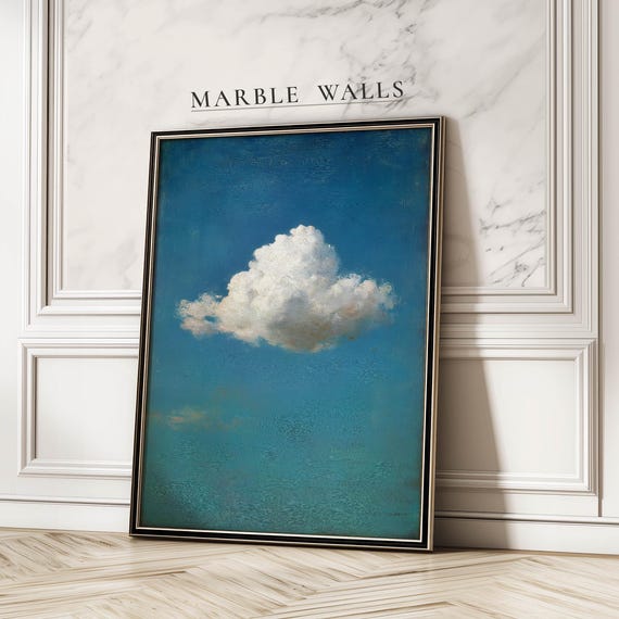 Painterly Serene Cloud Art Print Vintage Blue Solitary Sky Poster For Bedroom Or Nursery