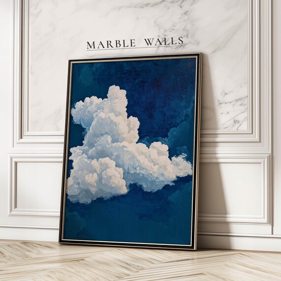 Painterly Cloud Art Print Vintagestyle Blue And White Poster For Bedroom Gallery Wall