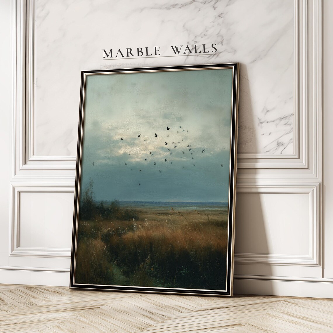 Flock Of Birds Over Golden Marsh Vintage Landscape Art Poster