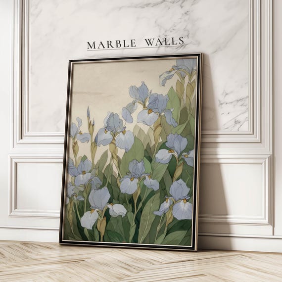 Blue Iris Print Vintage Wall Art Botanical Flower Poster Florals For Living Room