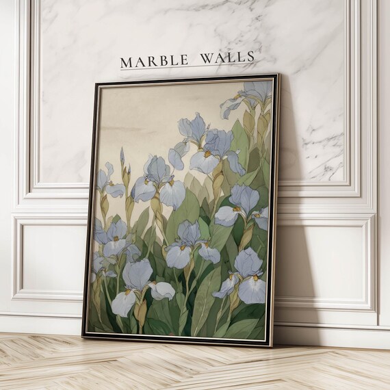 Blue Iris Vintage Botanical Floral Cottagecore Decor Art Poster