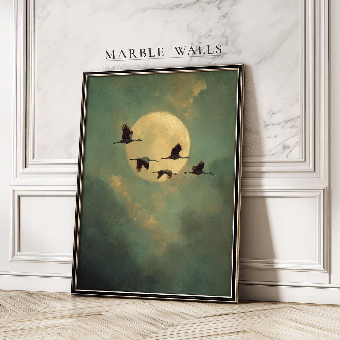 Moody Moon Night And Cranes Vintage Art Poster