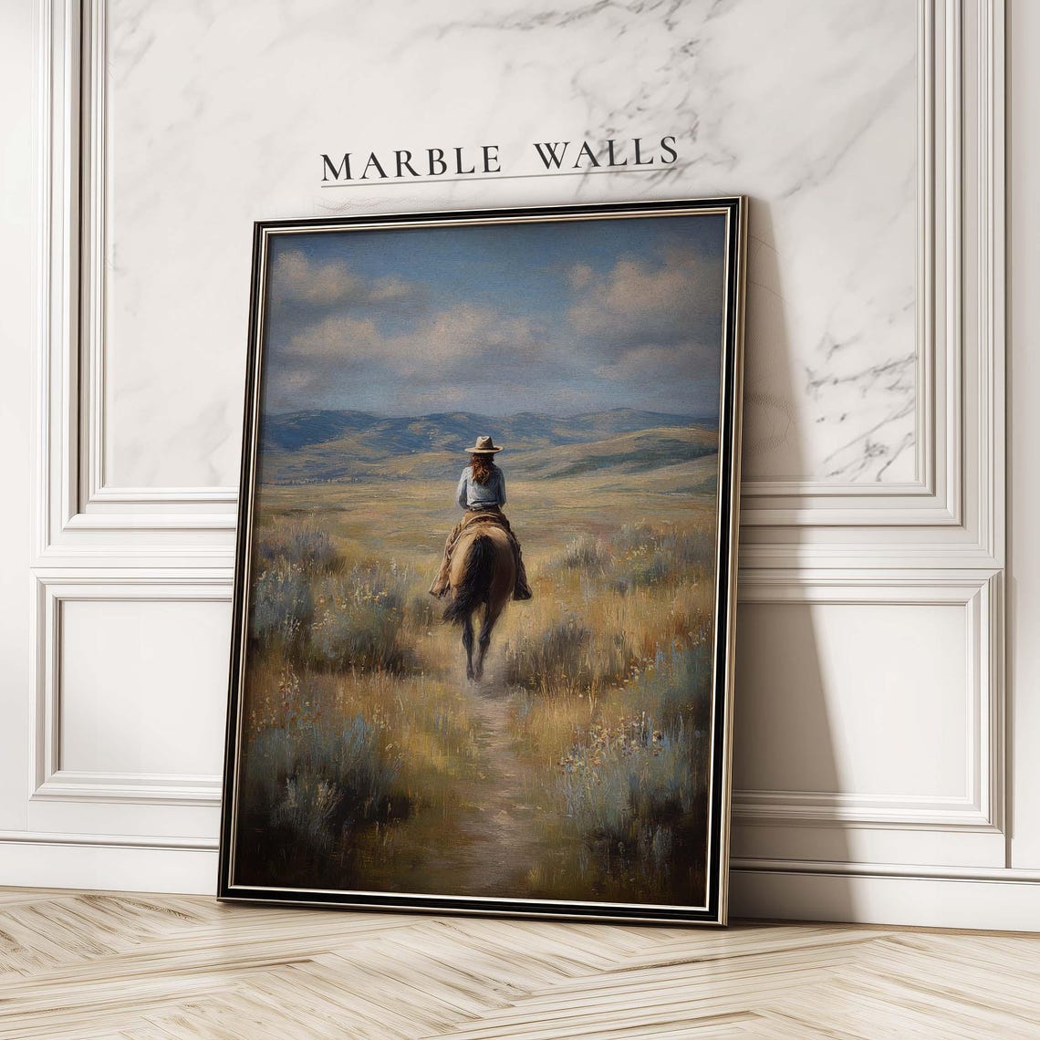 Cowgirl Riding Horse Prairie Trail Rustic Western Sunset Art Print