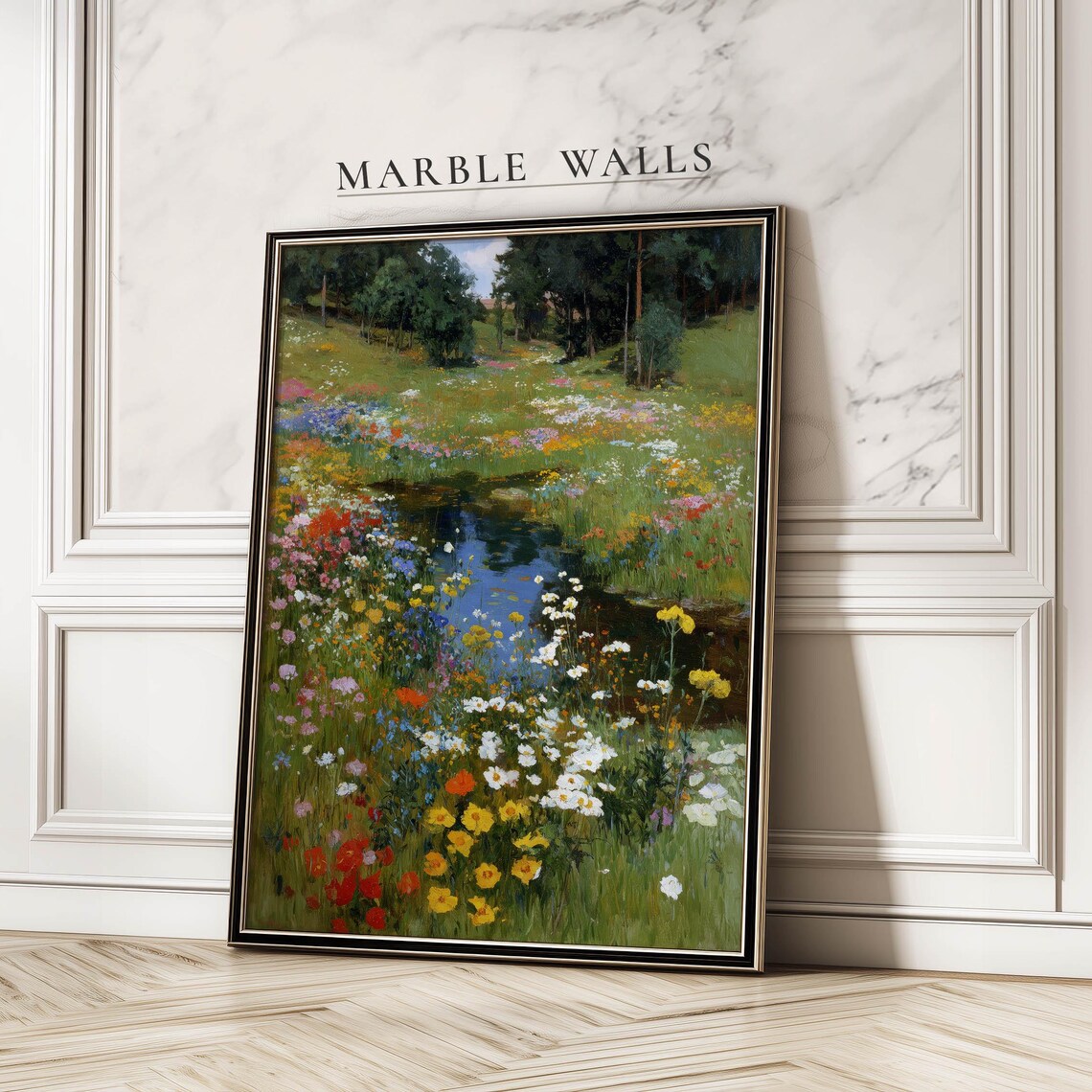 Wildflower Pond Landscape Poster, Meadow Wall Art Print