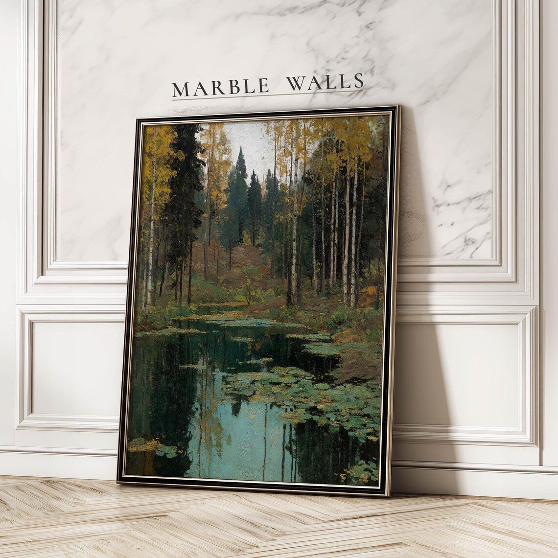 Vintage Birch Tree Pond Poster, Rustic Forest Landscape