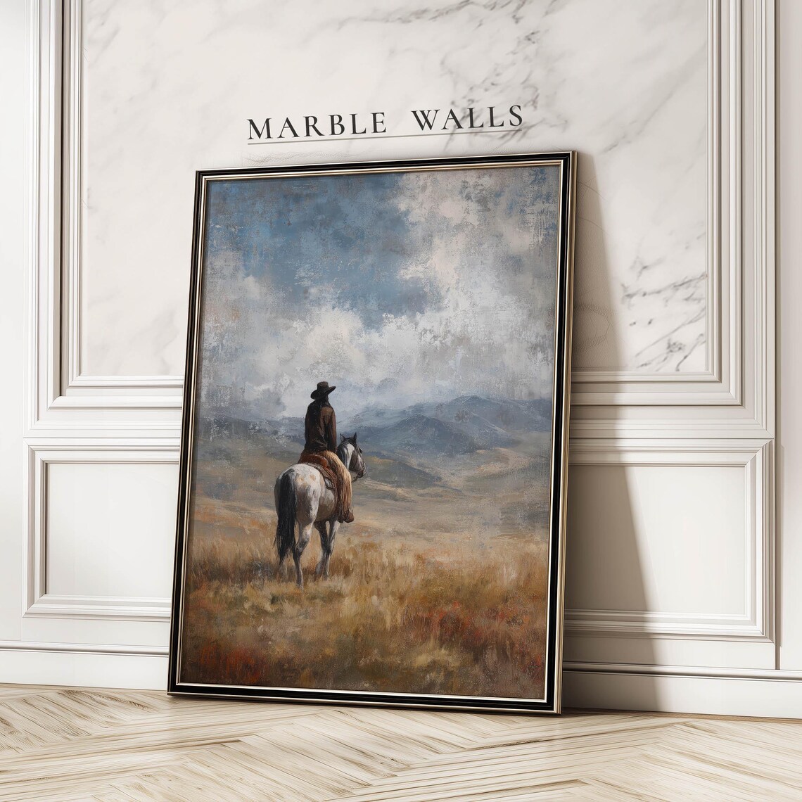 Cowboy On Horseback Prairie Sunset Vintage Western Art Print