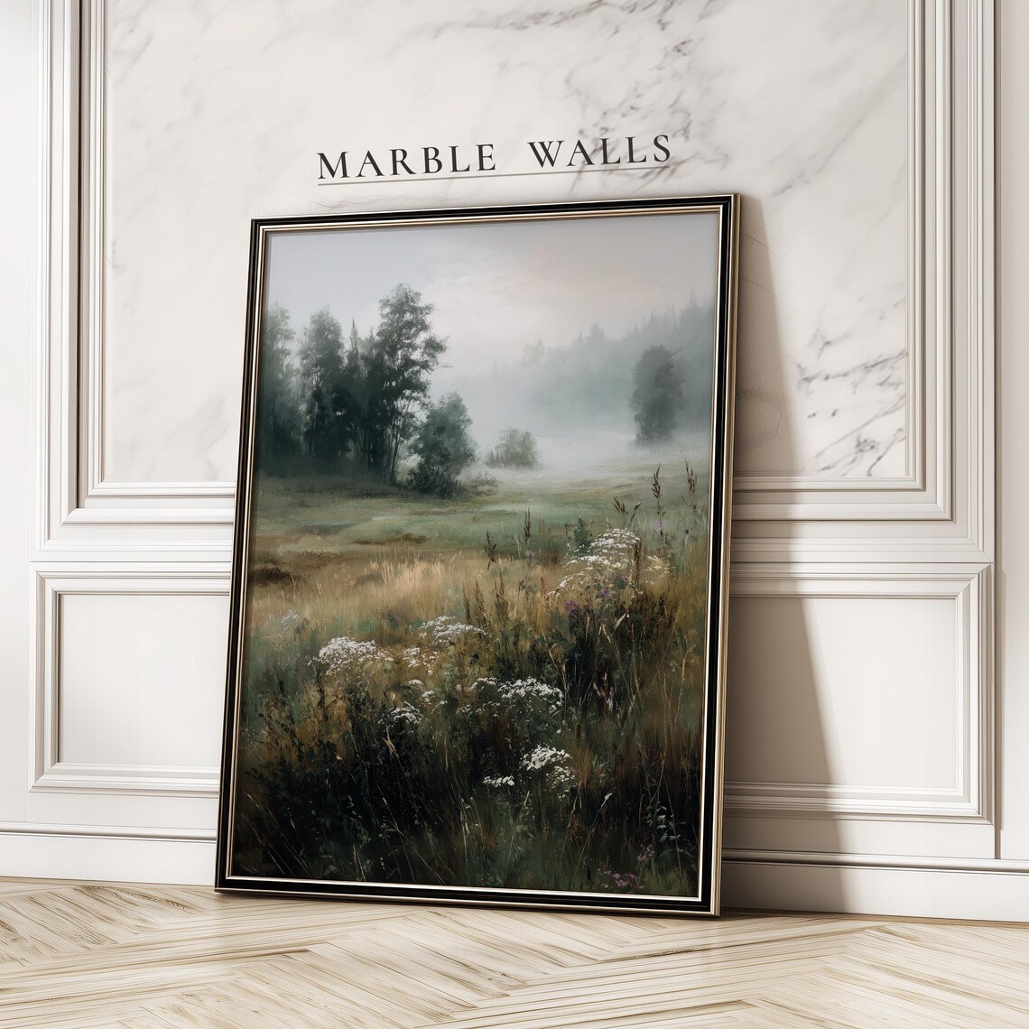 Misty Wildflower Meadow Vintage Landscape Calm Morning Wall Poster