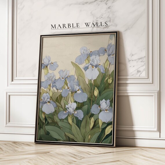 Blue Iris Flowers Cream Vintage Botanical Iris Garden Elegant Poster