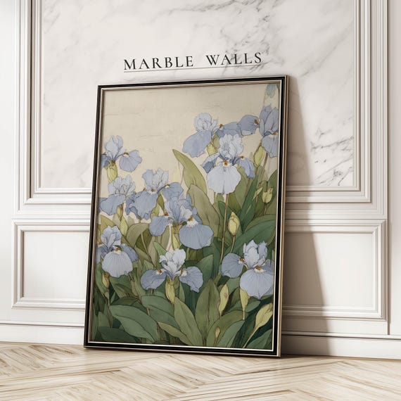 Blue Iris Vintage Poster For Bedroom Cottagecore Farmhouse Botanical Art Print Watercolor Flowers
