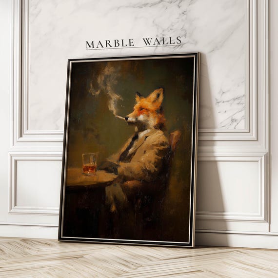 Smoking Gentleman Fox Poster Vintage Whiskey Wall Art Print Moody Home Bar Decor
