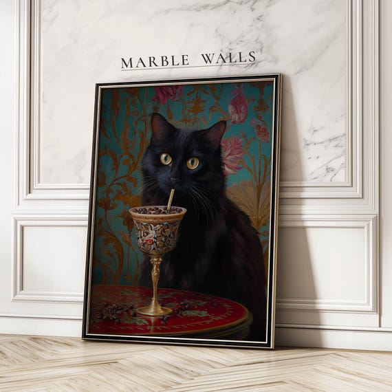 Ice Coffee Cat Poster Funny Black With Drink Wall Art Print