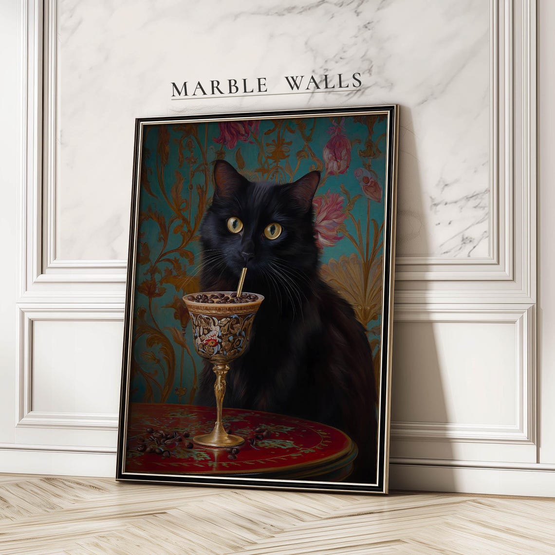 Ice Coffee Cat Poster Funny Black With Drink Wall Art Print