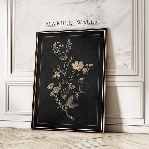 Vintage Black Floral Wildflower Sketch Art Print