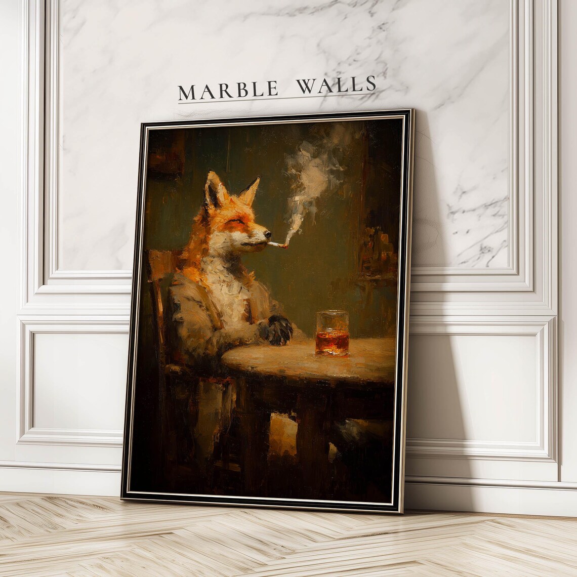 Smoking Fox Enjoying Whiskey Moody Dark Bar Oil Painting Poster
