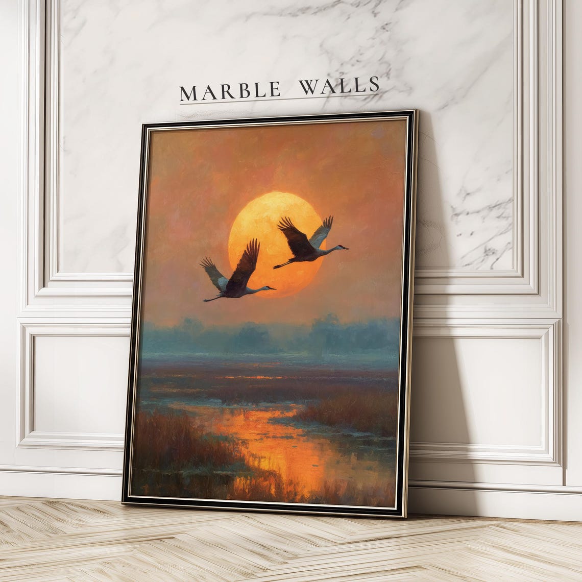Cranes Flying Sunset Marsh Orange Sun Vintage Wildlife Birds Poster