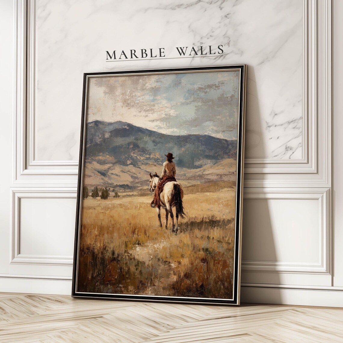 Cowboy On Horseback Vintage Western Prairie Mountains Painting Poster