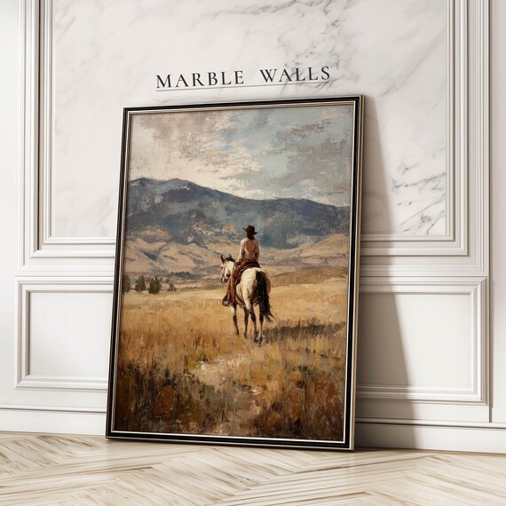 Cowboy On Horseback Vintage Western Prairie Mountains Painting Poster