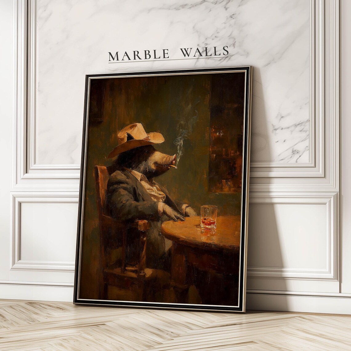 Smoking Boar Gentleman Cowboy Whiskey Bar Oil Painting Poster