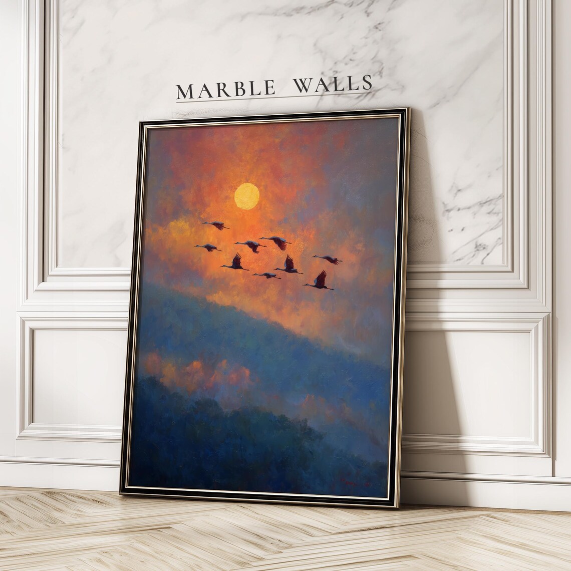 Birds Flying At Sunset Orange Evening Sky Moody Mountain Art Print