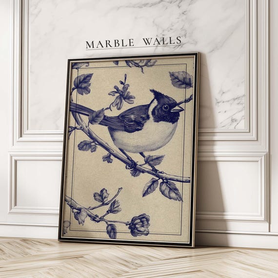 Blue Botanical Bird Wall Art Vintage Chinese Print Modern Minimalist Chinoiserie Poster Living Room